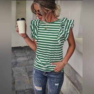 LIKE NEW SHEIN LUNE Striped Butterfly Sleeve Tee - Green/White - Sz 6 (M)